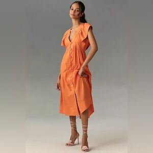 The Reneé Flutter-Sleeve Linen Button-Front Midi Dress